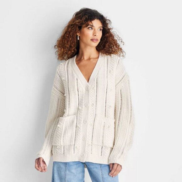 Women's Holiday Embellished Relaxed Cardigan - Future Collective Cream M - Picture 4 of 4
